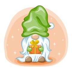 Cute cartoon gnome with gift box. Vector illustration.