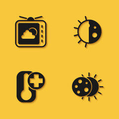Set Weather forecast, Eclipse of sun, Thermometer and Day night cycle icon with long shadow. Vector