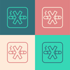 Pop art line No Smoking icon isolated on color background. Cigarette symbol. Vector