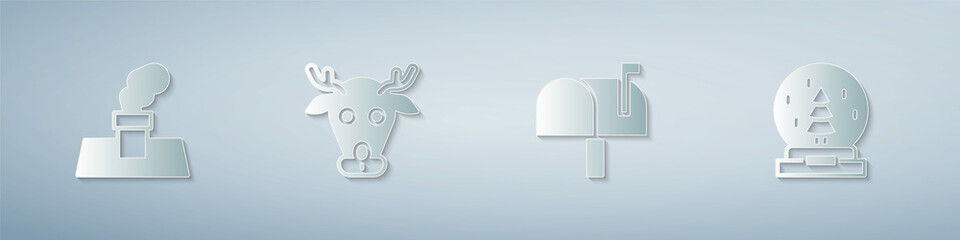 Set Christmas chimney, Reindeer, Mail box and snow globe. Paper art style. Vector