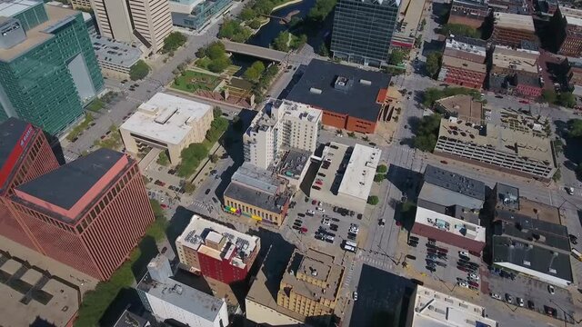 Aerial Flying Over Omaha, Nebraska, Amazing Cityscape, Downtown