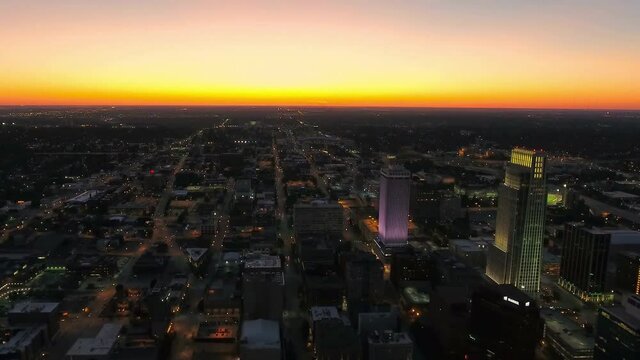 Sunset Over Omaha, Aerial Flying, Nebraska, Amazing Cityscape, Downtown