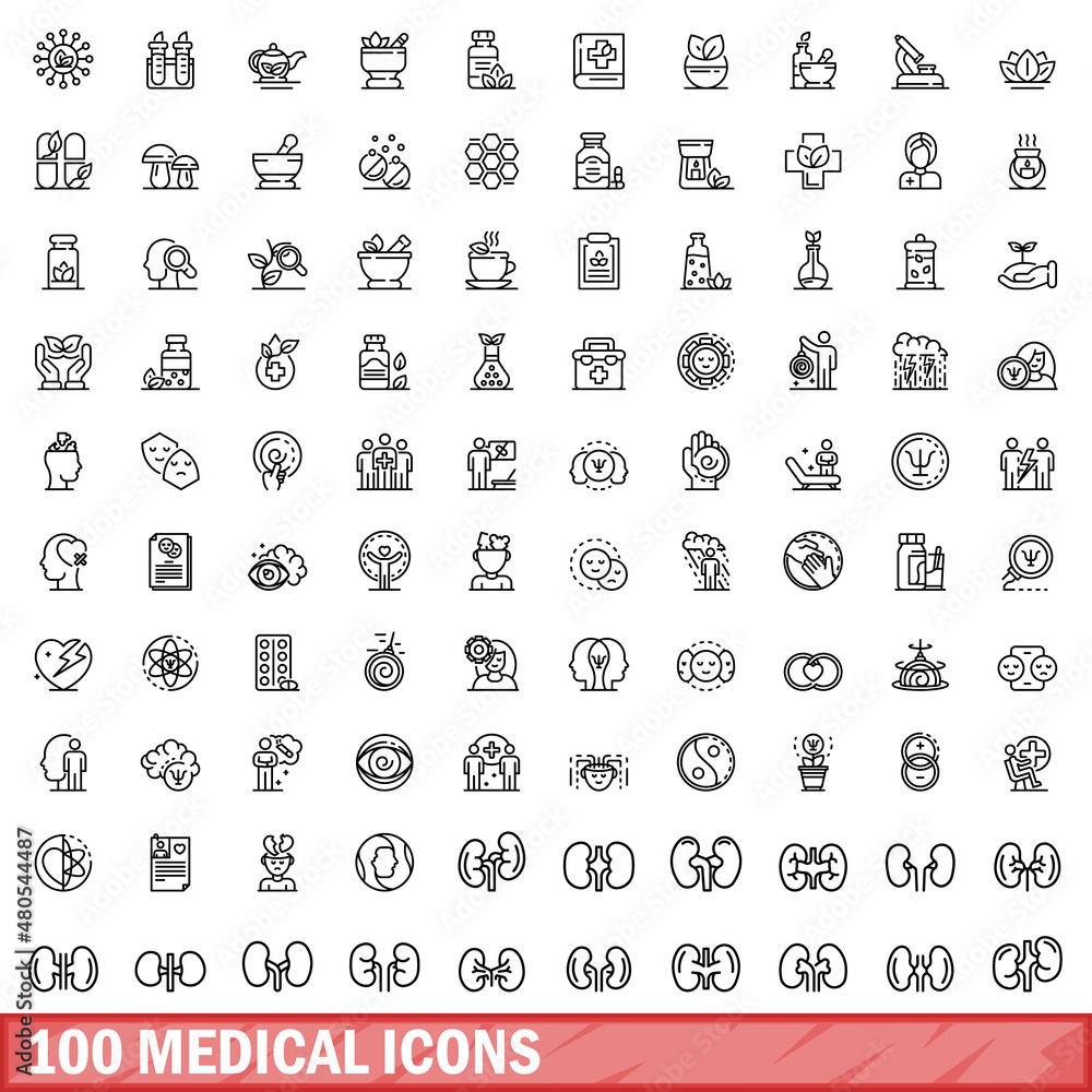 Sticker 100 medical icons set, outline style - Stickers