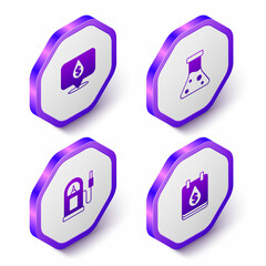 Set Isometric Oil drop with dollar symbol, petrol test tube, Petrol or gas station and icon. Purple hexagon button. Vector