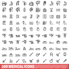 100 medical icons set, outline style - obrazy, fototapety, plakaty