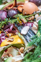 composting pile of vegetables, fruits, organic waste as a background