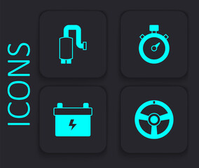 Set Racing steering wheel, Car muffler, Stopwatch and battery icon. Black square button. Vector