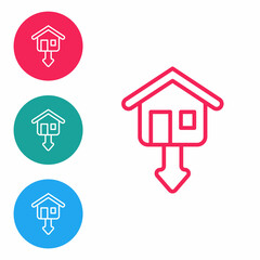 Red line Property and housing market collapse icon isolated on white background. Falling property prices. Real estate stock risk or economic recession. Set icons in circle buttons. Vector