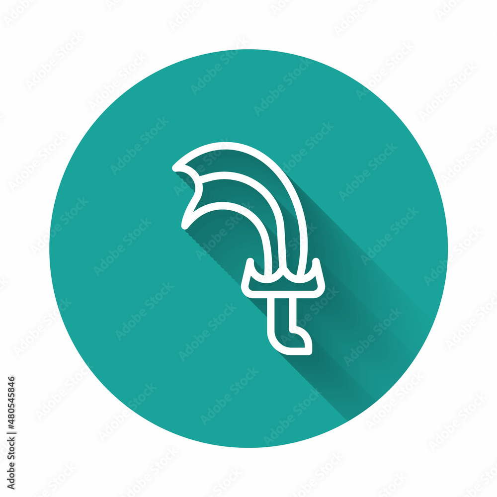 Poster White line Sword for game icon isolated with long shadow background. Green circle button. Vector