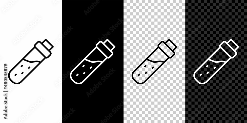 Poster set line bottle with potion icon isolated on black and white, transparent background. flask with mag