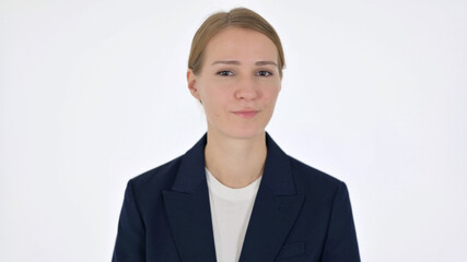 Young Businesswoman showing No Sign by Shaking Head on White Background