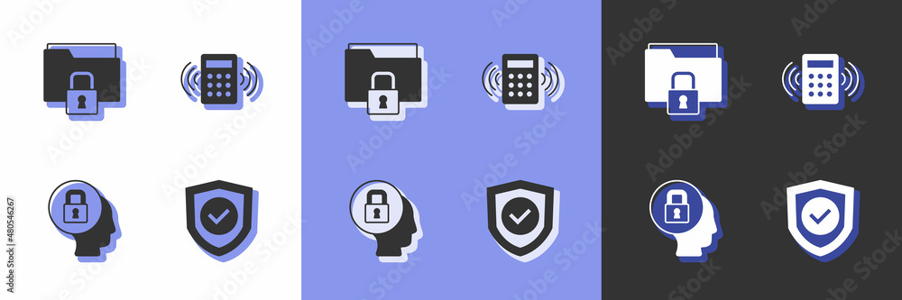Poster set shield with check mark, folder and lock, lock and security keypad access panel icon. vector