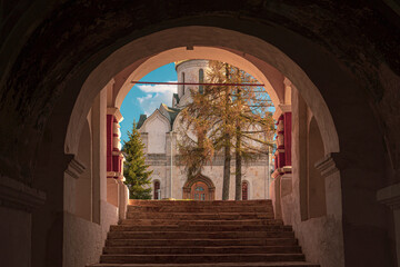 Exterior of the orthodox church as seen thru the arcade gates