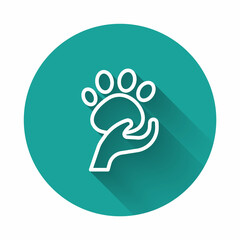 White line Animal volunteer icon isolated with long shadow background. Animal care concept. Green circle button. Vector