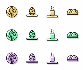 Set line Cup of tea, Served cucumber on plate, Chinese egg and Fish with sliced pieces icon. Vector