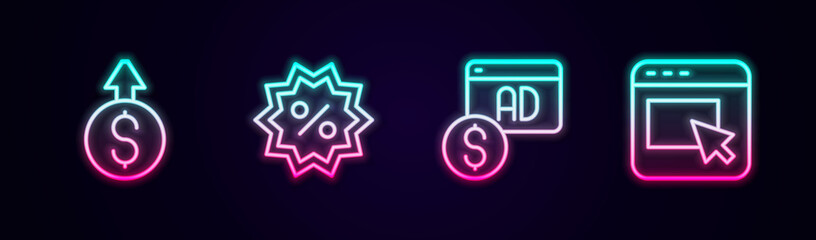Set line Financial growth dollar, Discount percent tag, Advertising and . Glowing neon icon. Vector