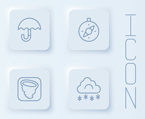 Set line Umbrella, Compass, Tornado and Cloud with snow. White square button. Vector