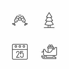 Set line Christmas santa claus sleigh, day calendar, Glass of champagne and tree icon. Vector