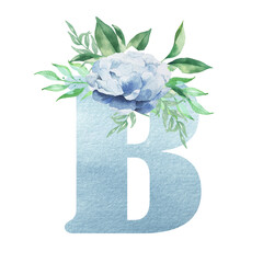 Floral alphabet watercolor blue color letter B with flowers bouquet composition and greenery