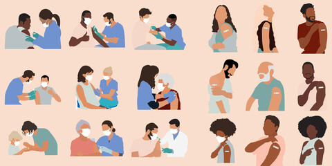 Big set of People Showing Vaccinated Arm. Vaccine distribution for general population concept illustration. Process of immunization against covid-19. Healthcare, coronavirus, prevention and immunize.