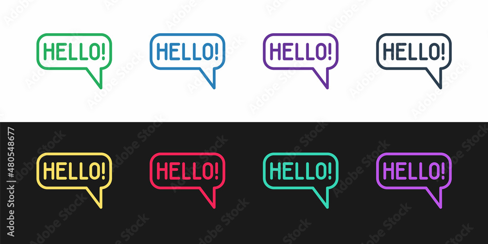 Poster set line hello in different languages icon isolated on black and white background. speech bubbles. v