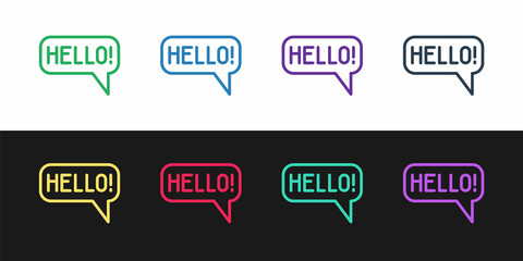 Set line Hello in different languages icon isolated on black and white background. Speech bubbles. Vector