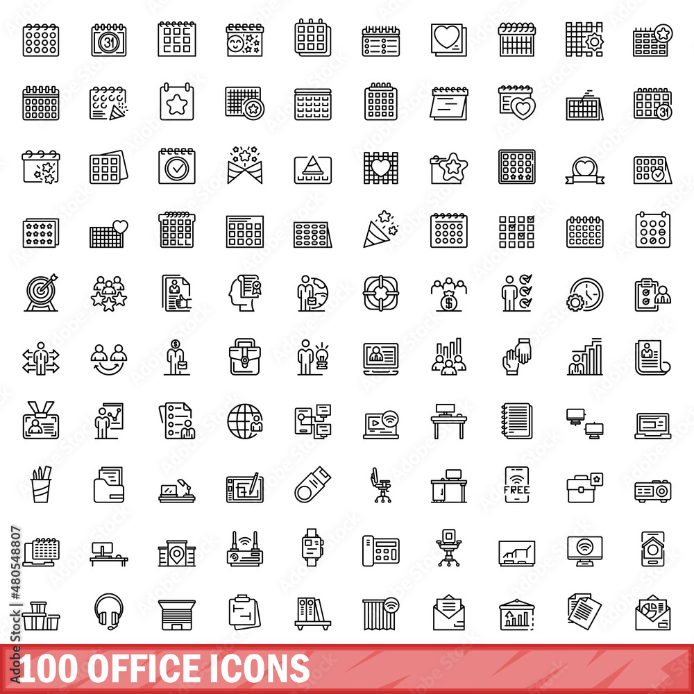 Wall mural 100 office icons set, outline style - Wall murals