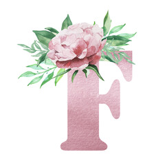 Floral alphabet watercolor pink color letter F with flowers bouquet composition and greenery