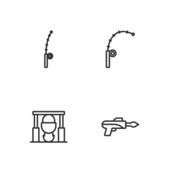 Set line Fishing harpoon, Campfire and pot, rod and icon. Vector