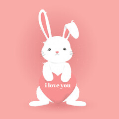 A new card for Valentine's Day, Easter, Mother's Day. Cute, fluffy bunny with a heart and the inscription I love you. For posting, mailing, marketing