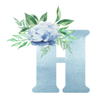 Floral alphabet watercolor blue color letter H with flowers bouquet composition and greenery