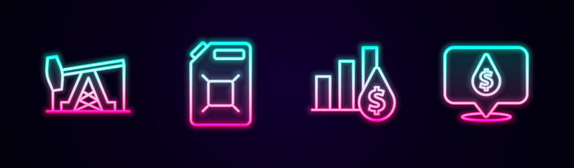 Set line Oil pump or pump jack, Canister for gasoline, Pie chart and dollar and drop with symbol. Glowing neon icon. Vector