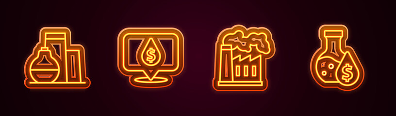 Set line Oil tank storage, drop with dollar symbol, and gas industrial factory and petrol test tube. Glowing neon icon. Vector