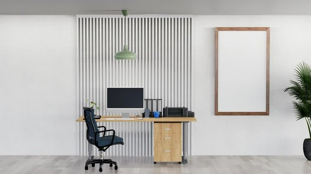 3D Mock up photo frame hanging on beautiful panel in workspace