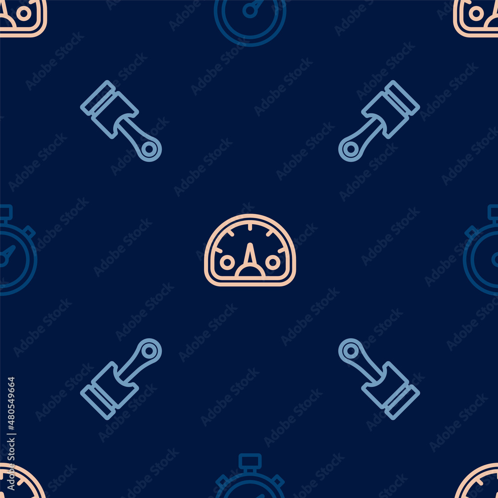 Poster set line stopwatch, engine piston and speedometer on seamless pattern. vector