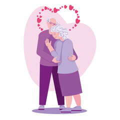 Eldery couple hugging. Old man and woman embracing. Senior couple in love. Vector cartoon characters isolated, icon, simbol. Valentine day background