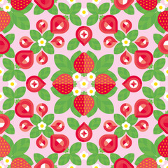 Strawberry beautiful geometric mosaic background. Fresh garden fruit pattern. Modern abstract texture, ornament for wallpaper, paper, textile, fabric, package, home decor