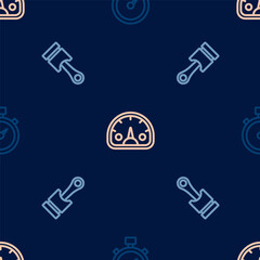 Set line Stopwatch, Engine piston and Speedometer on seamless pattern. Vector