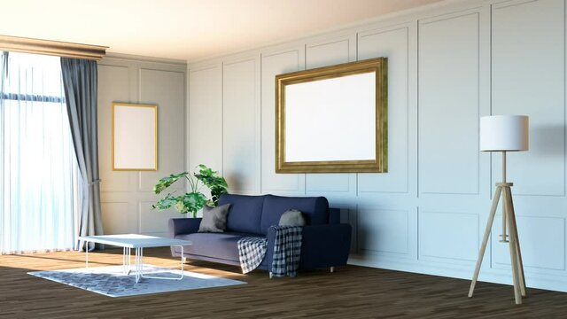3D Mockup photo frame and furniture in living room