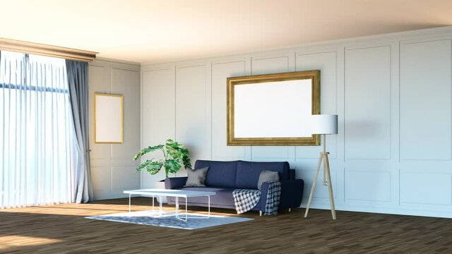 3D Mockup photo frame and furniture in living room
