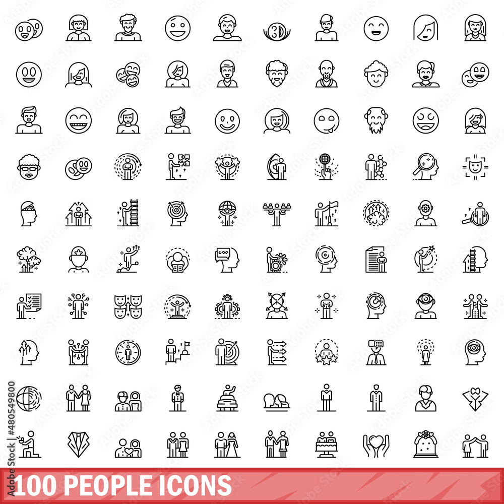 Poster 100 people icons set, outline style - Posters