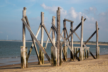 Wooden construction on beach of Vrouwenpolder, Walcheren, Zeeland, Netherlands