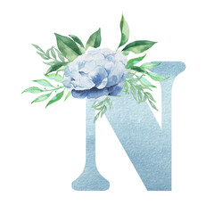 Floral alphabet watercolor blue color letter N with flowers bouquet composition and greenery