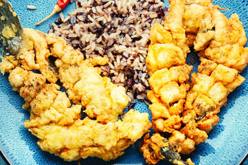 Fried sea bass with wild rice.