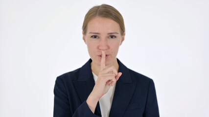 Young Businesswoman with Finger on Lips, Silence White Screen