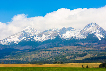 slovakia countryside landscape in spring. gorgeous High Tatra mountain ridge with snow capped peaks in the distance. grassy rural fields on a sunny day with clouds on a blue sky