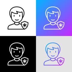 Individual medical insurance thin line icon. Man with medical shield. Modern vector illustration.
