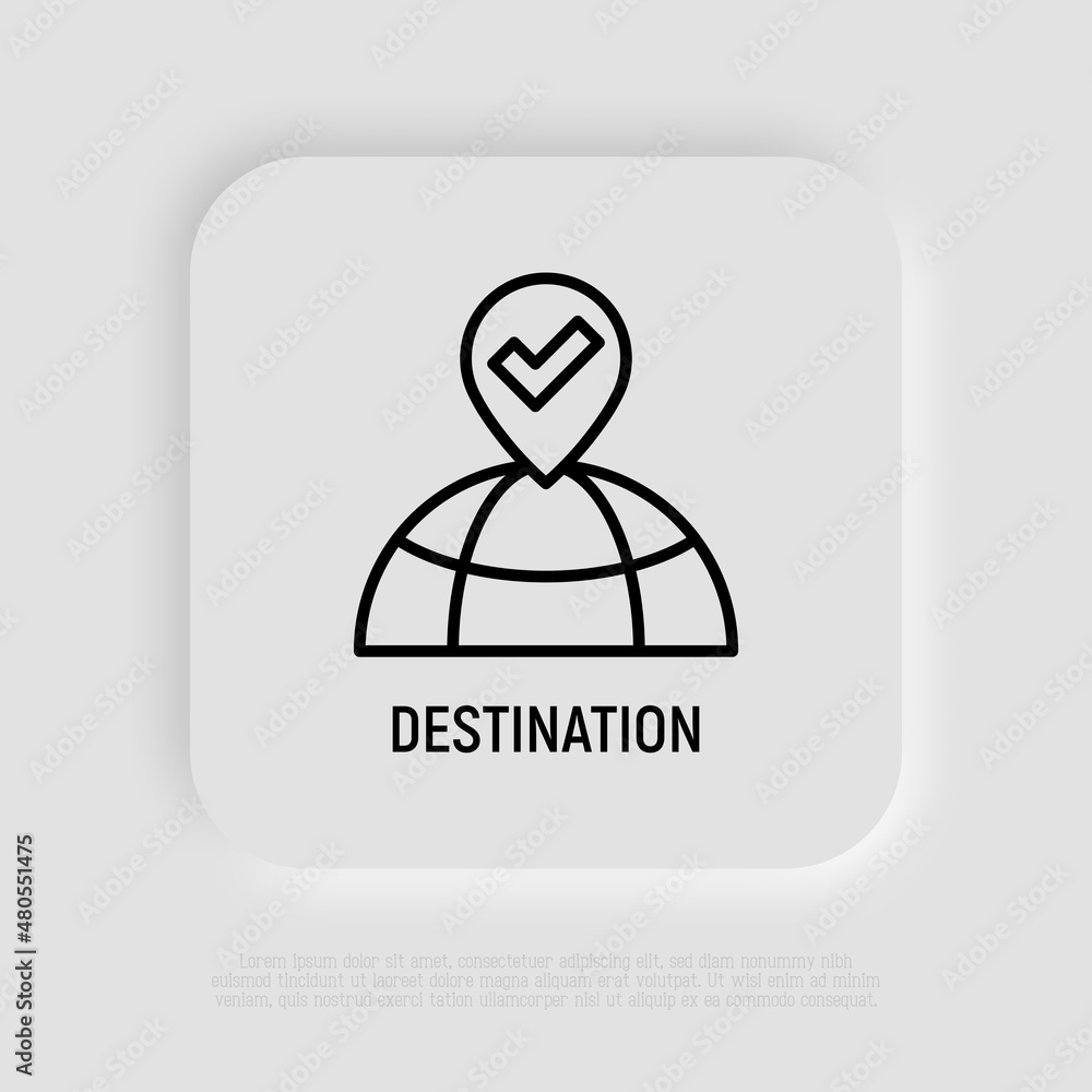 Poster destination thin line icon: pointer on the globe. modern vector illustration.