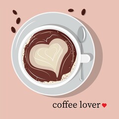Cup of coffee for coffee lovers. Cup of cappuccino with coffee beans. Romantic illustration for coffee lovers.