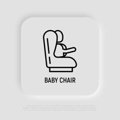 Baby seat for car: child is fastened by seat belts. Thin line icon. Modern vector illustration.